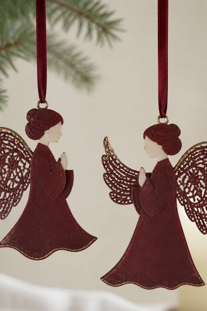 Angel silhouettes with lace texture on the wings; painted maroon with a cream face and small gold highlights on the wing edges. A burgundy ribbon hangs from the top.