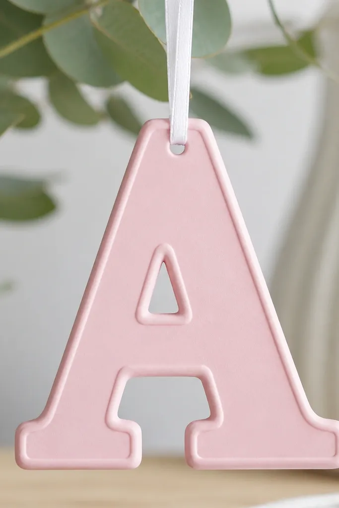 A single large salt dough initial ornament painted pale pink with a slightly raised border; the surface is smooth with a subtle matte finish, and it hangs from a thin white ribbon.