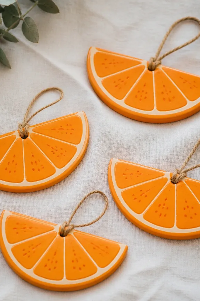 Orange slice-shaped ornaments with a bright orange base, lighter pith ring, and small darker orange dots like seeds. The edges have a faint white highlight and a jute twine loop.