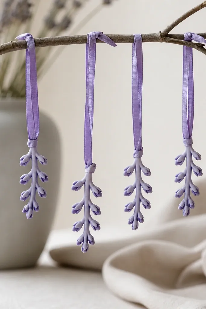 Tiny sprig-shaped ornaments with small raised bud bumps; painted soft lavender with darker purple bud centers. They hang from lilac ribbon with a matte finish.