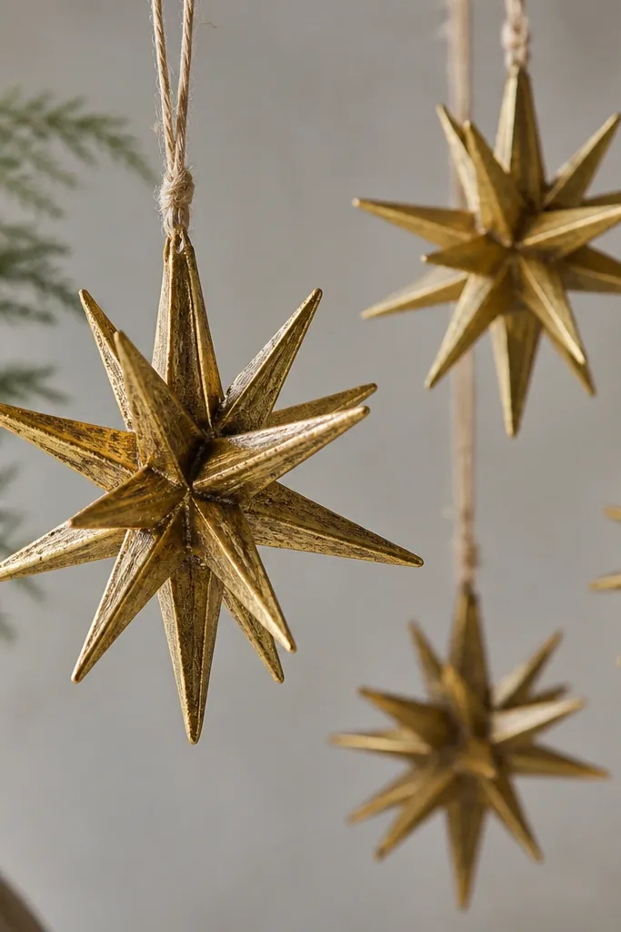 Starburst ornaments painted metallic gold with a darker brown wash in the grooves; the points have lighter highlights and the surface looks aged. They hang from tan twine.