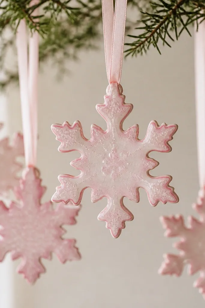 Snowflake ornaments painted blush pink with faint white speckling; edges are slightly darker pink and finished with a satin sheen. Each hangs from pale pink ribbon.