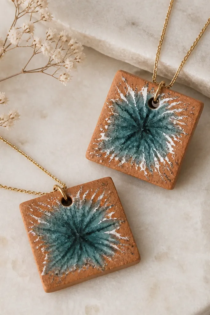 Square ornaments with a rough "geode" look: terracotta base with a teal-blue center burst and small white highlight lines. A thin gold chain hangs through a hole.