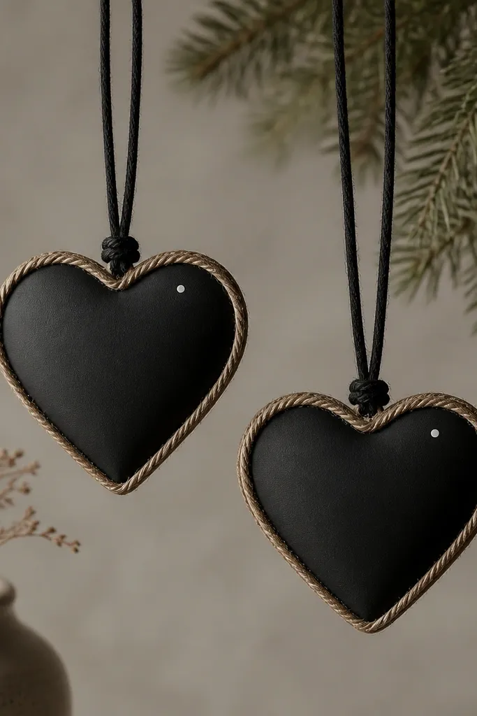 Heart ornaments wrapped with a thin rope-like twine around the edges; the center is matte black with a small white dot highlight. They hang from a matching black twine loop.
