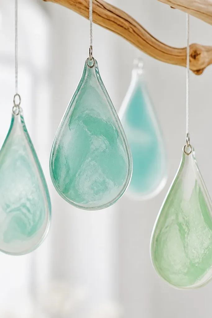 Teardrop ornaments with a sea-glass look: pale aqua and mint with slightly translucent layered paint; edges have a gentle white wash. They hang from silver hooks or clear string.
