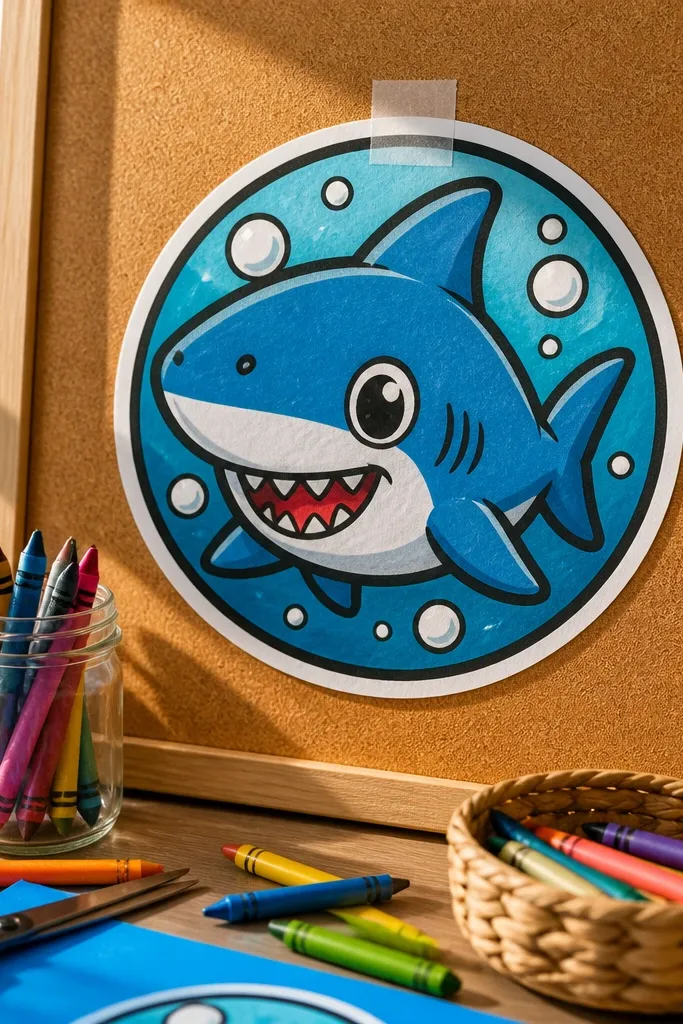 Cartoon shark in a circle with three bubbles around it