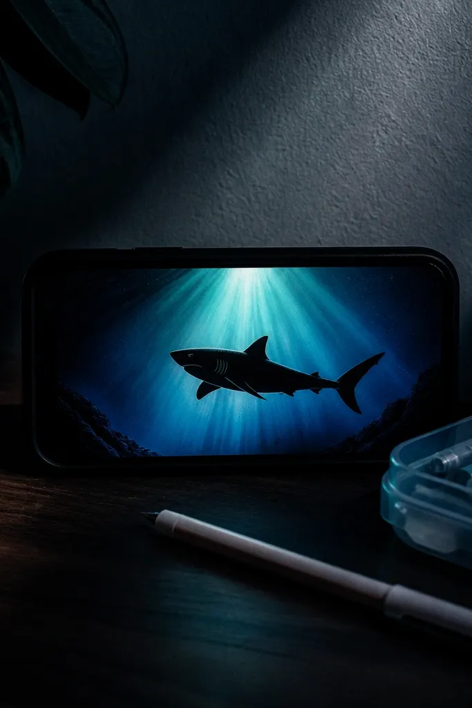 Shark under a cone of light with rays fading into blue