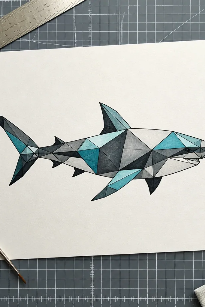Shark outline made of triangles with alternating gray and blue facets