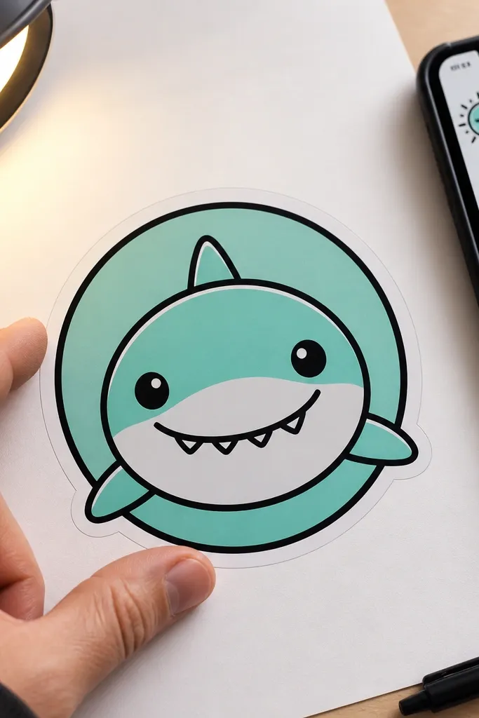 Big shark face with a cute eye and small mouth inside a circle