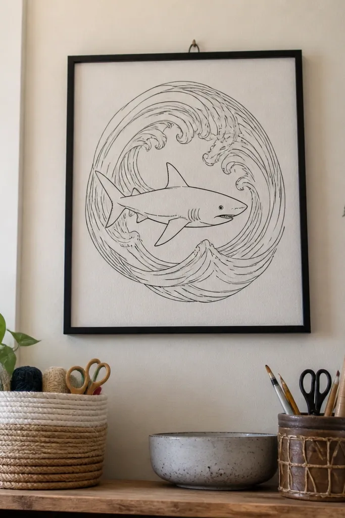 Shark swimming inside a rectangular frame made of wave lines