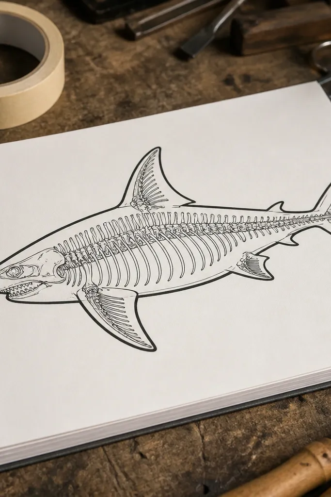 Shark outline with internal bones shown as thin lines