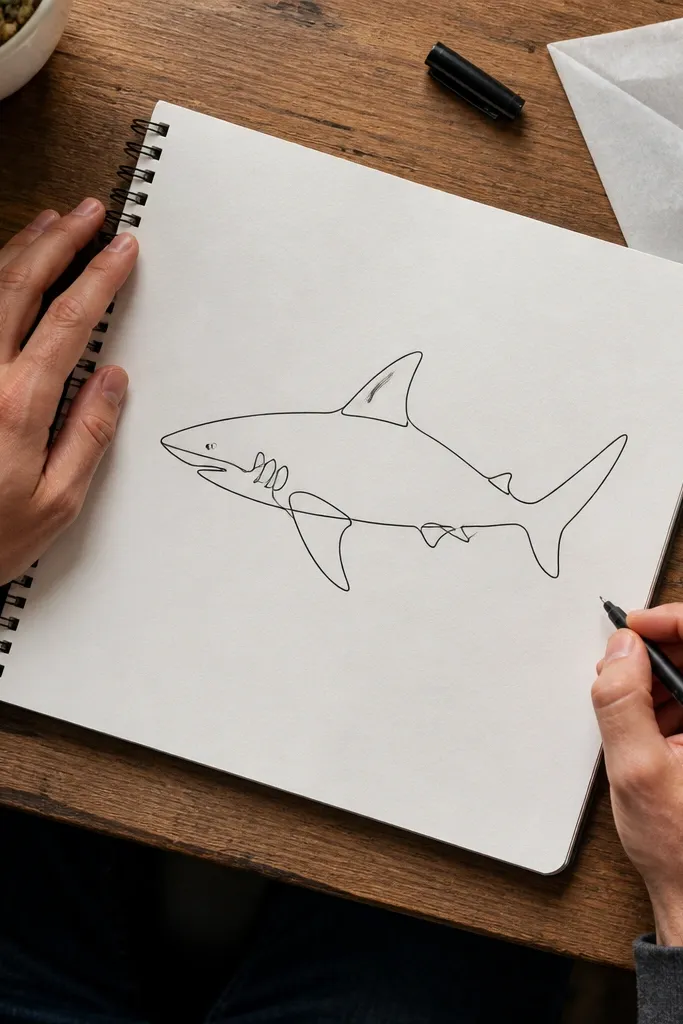 Single continuous ink line forming a shark and a small fin