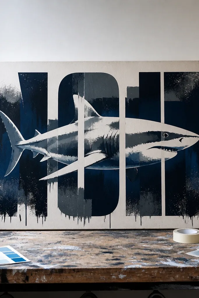 Shark shape cutting through big hand-drawn letters