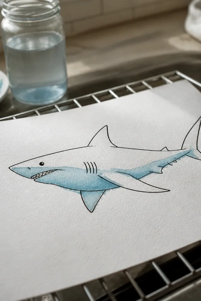 Shark outline with a soft watercolor gray belly wash