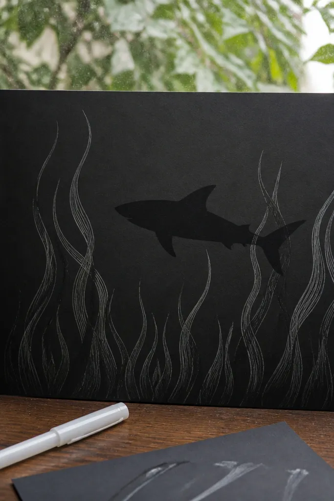 Dark shark silhouette with flowing seaweed shapes in the background