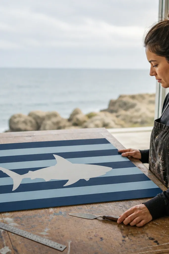 Shark over layered horizontal ocean stripes