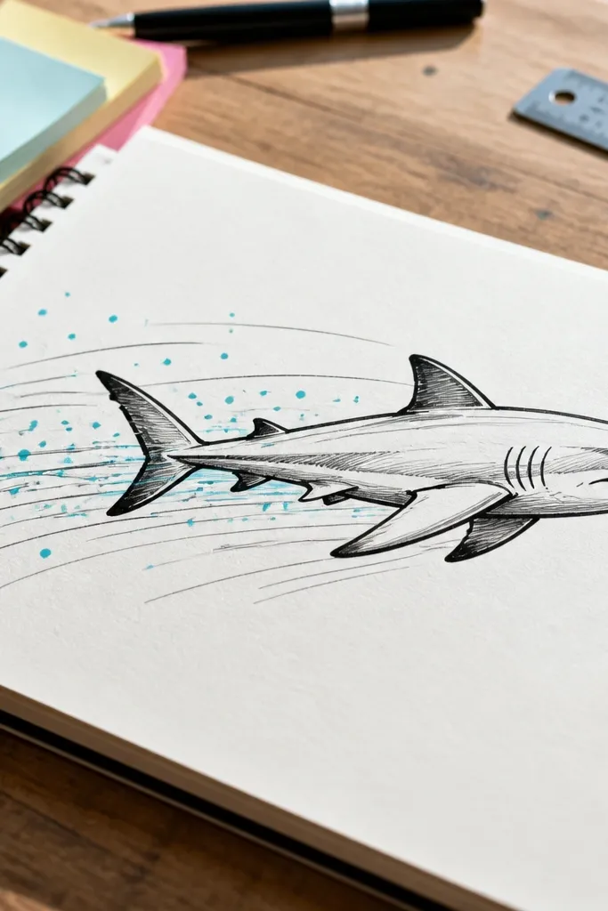 Shark with curved motion lines and small speed dots behind it