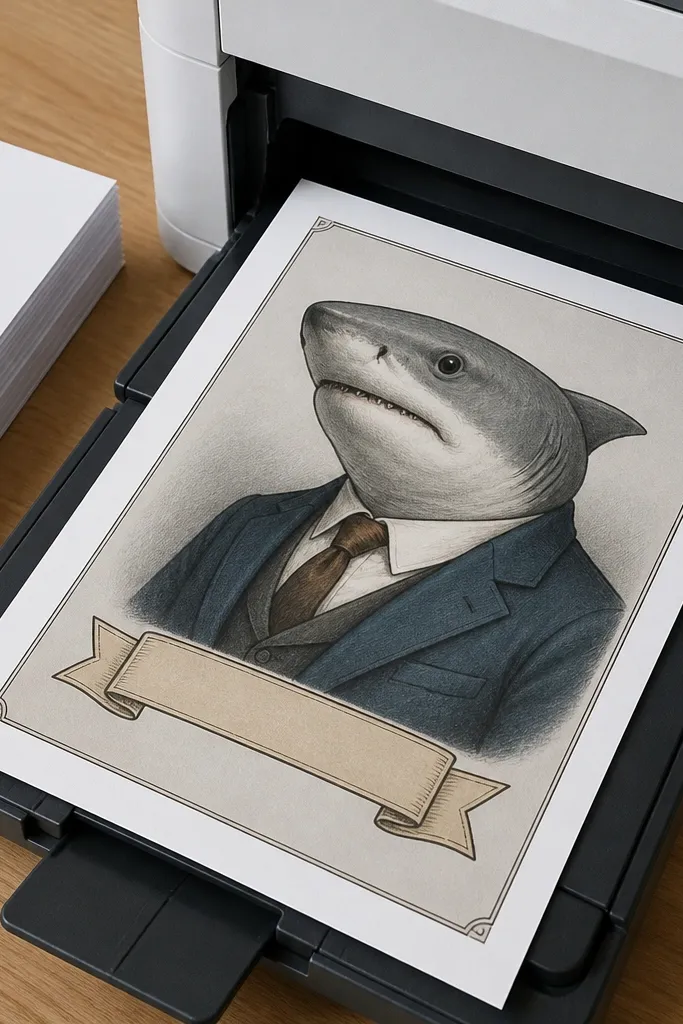 Shark portrait inside a decorative frame with a small banner