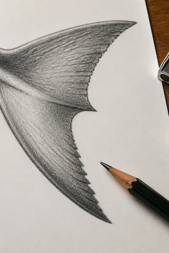 Large shark tail shape with teeth marks and fin details