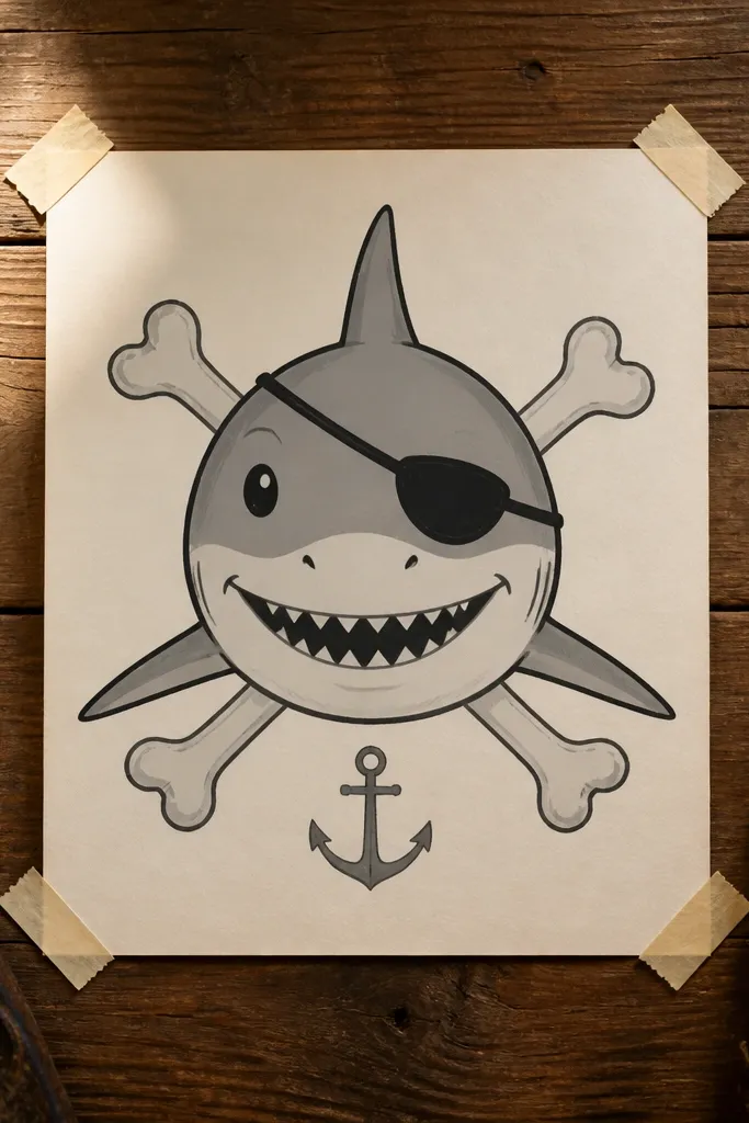 Cartoon shark with an eye patch and crossed bones in water
