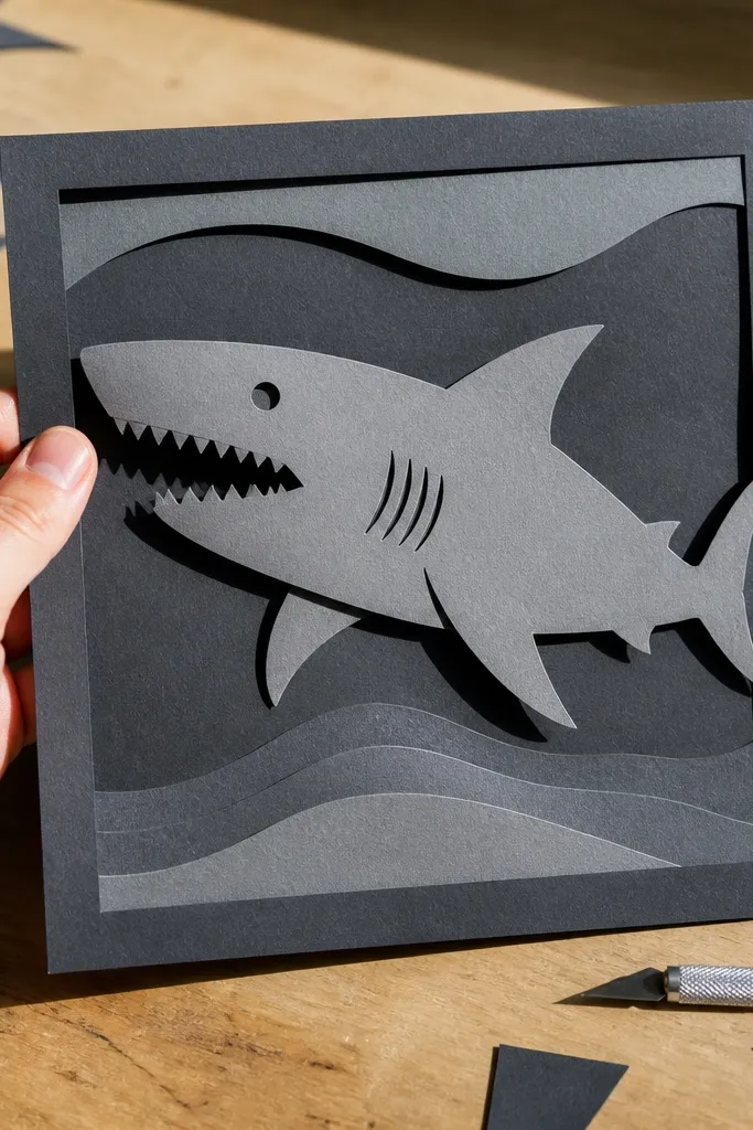 Layered shark silhouette with cutout holes and a darker shadow layer