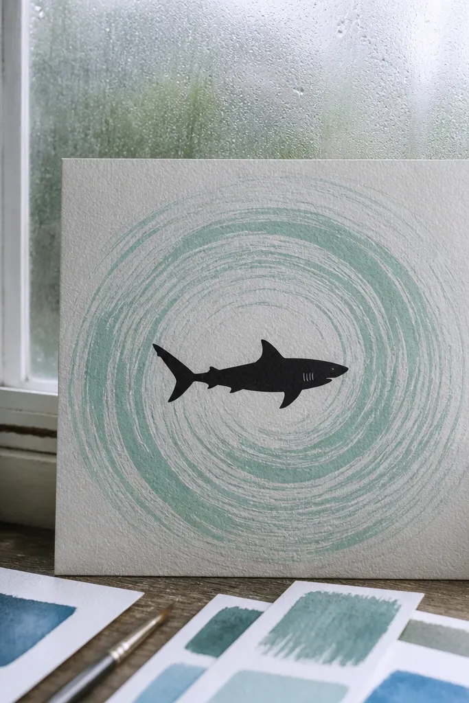 Shark outline with swirling seafoam lines behind it