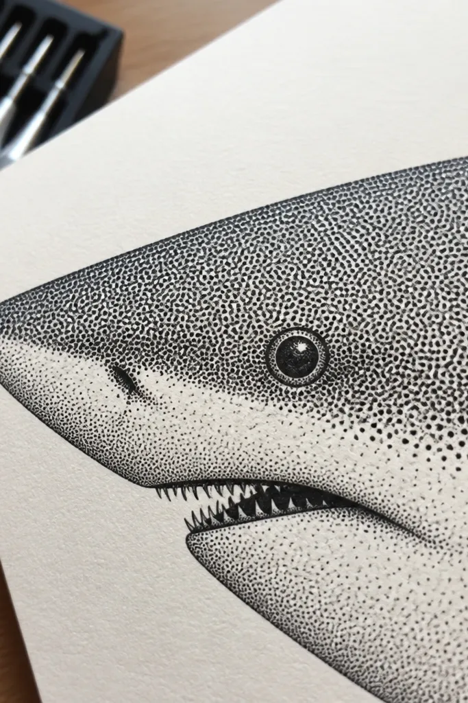Shark face with small dotted skin pattern across the head
