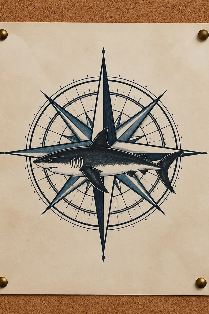 Shark swimming over a compass rose with cardinal points