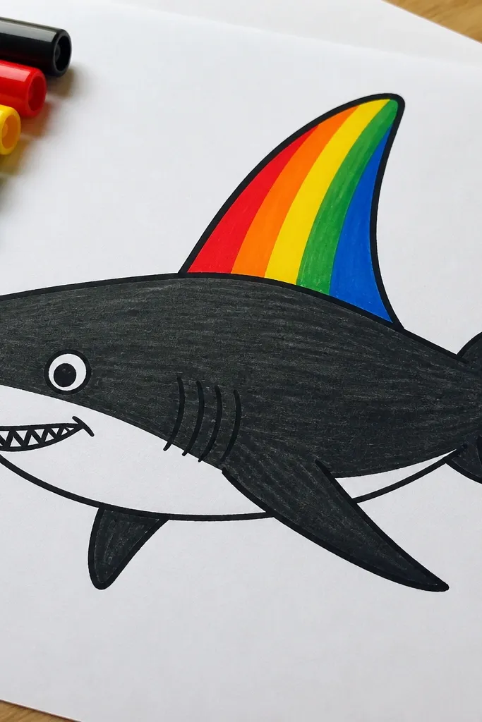Shark with rainbow-colored stripes on the dorsal fin