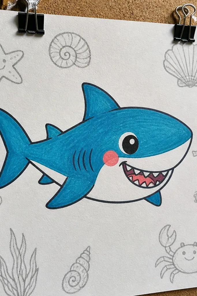 Cartoon shark with a wide smile and three bubble circles above it