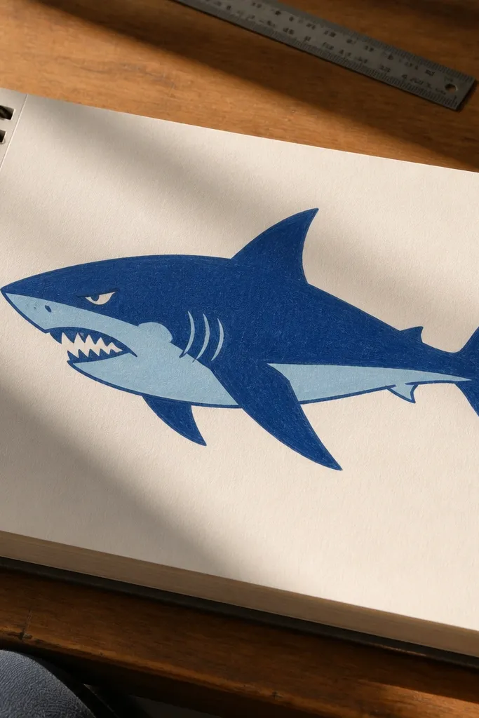 Side view shark with a streamlined body, dorsal fin, and zigzag teeth