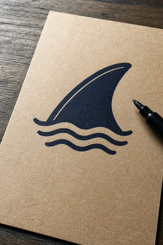 Simple shark fin silhouette with three small wave lines beneath