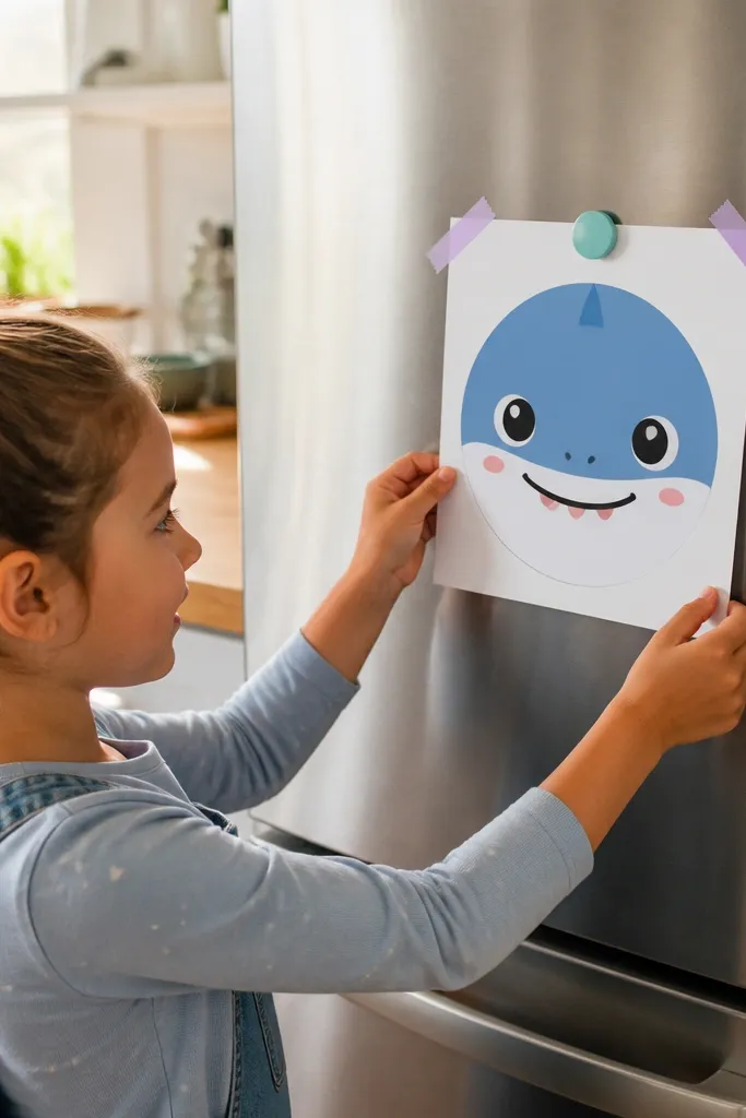 Shark face inside a circle with rounded cheeks and tiny teeth