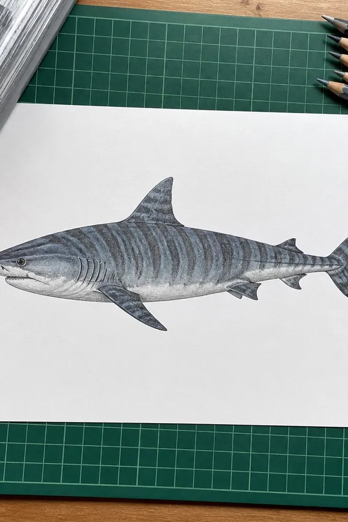 Shark with bold wavy stripes across its body and a calm side profile