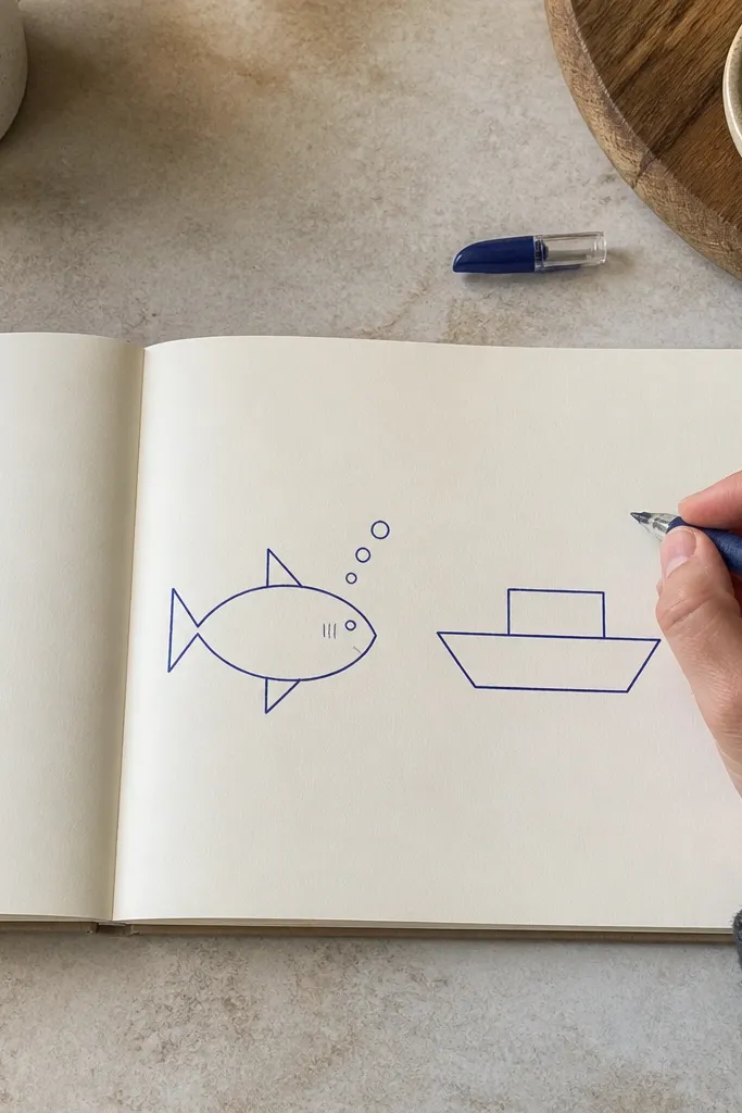 Top-down boat shape with a shark swimming beneath it