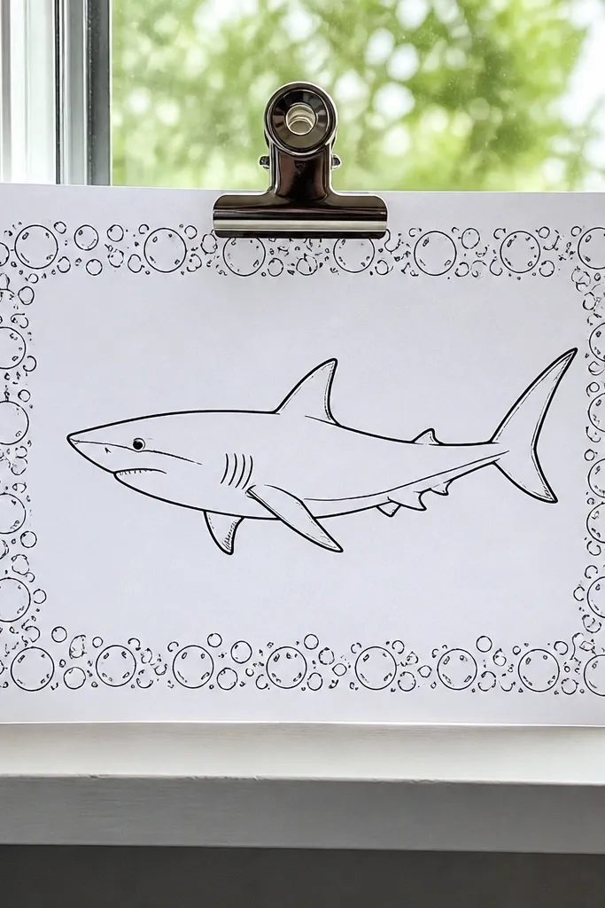 Shark centered inside a rectangle bubble border with small bubbles
