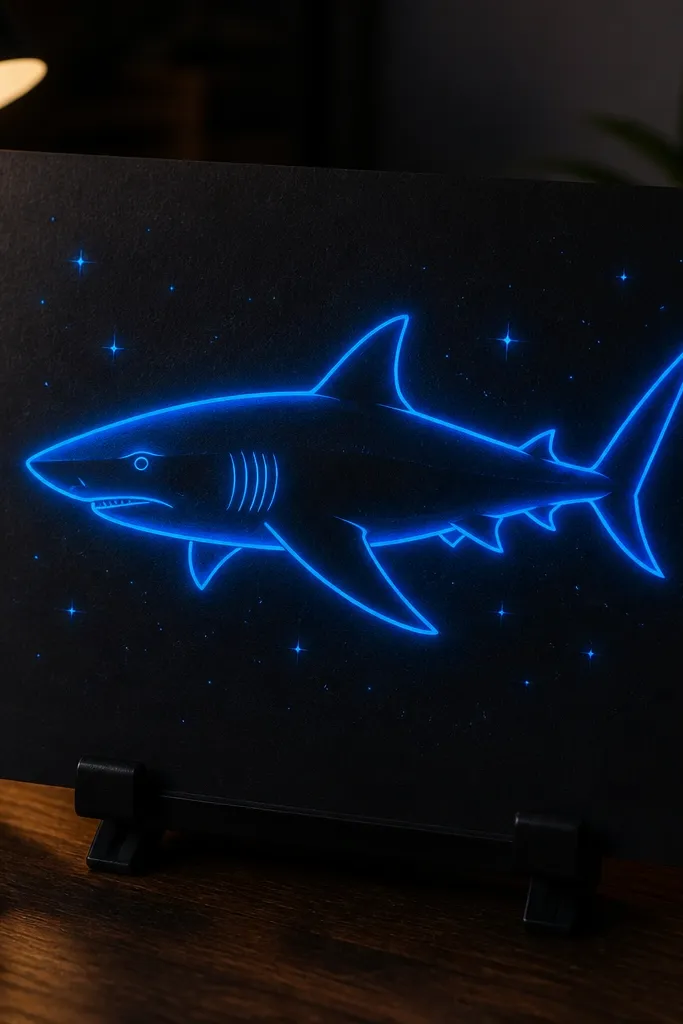 Neon green shark outline on dark background with small star sparkles