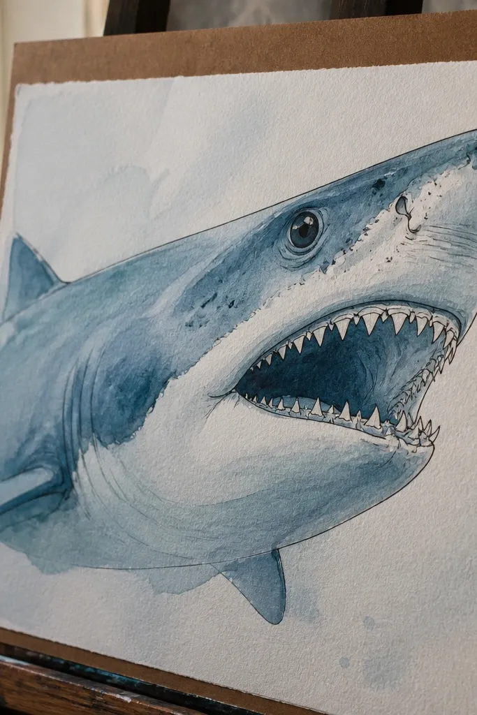 Shark head with watercolor wash shading and a small toothy grin