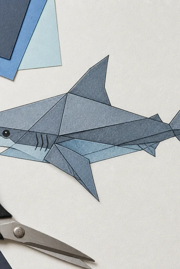 Angular shark with triangular fold lines and a bold outline
