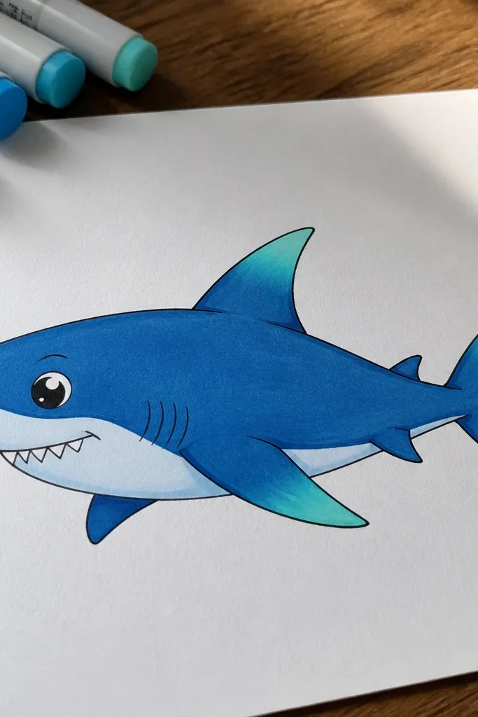 Cartoon shark with gradient-colored fin tips and a rounded body