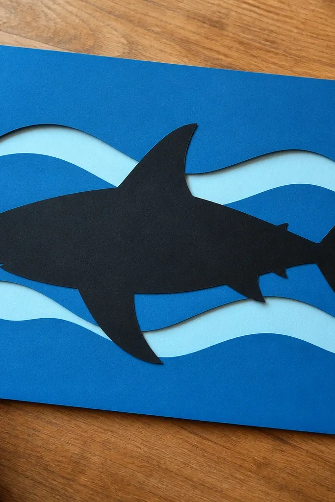 Dark shark silhouette with three white wave bands behind it