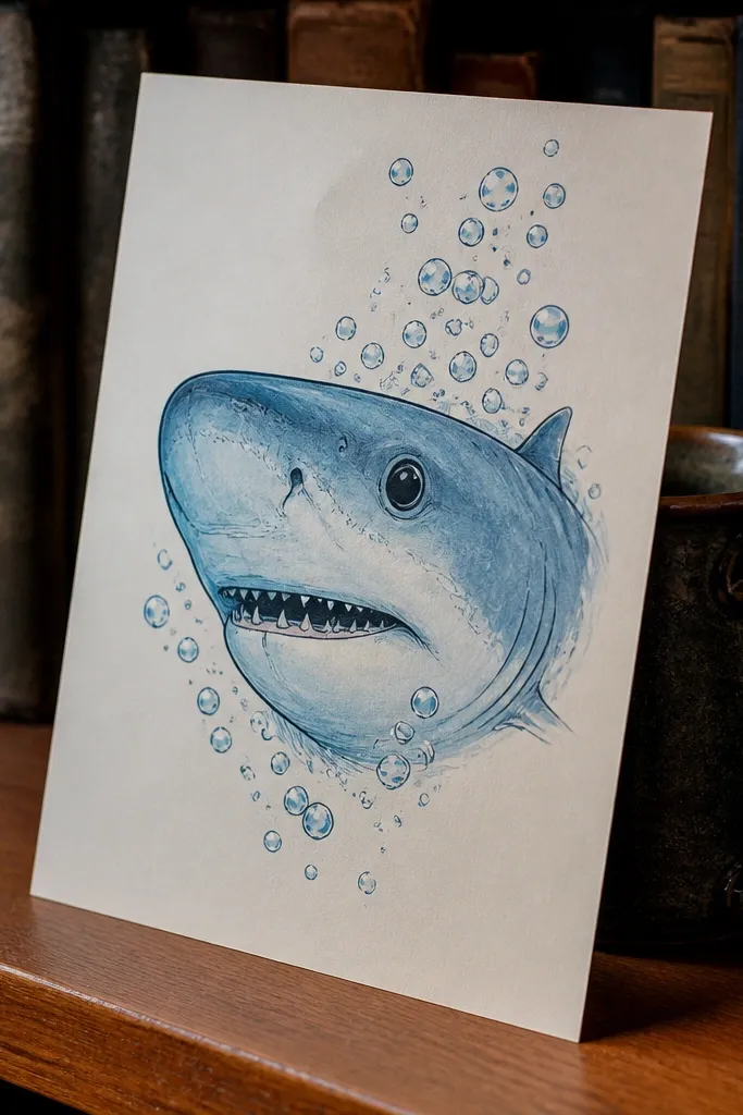 Shark head floating above bubble trails with a simple open-mouth line
