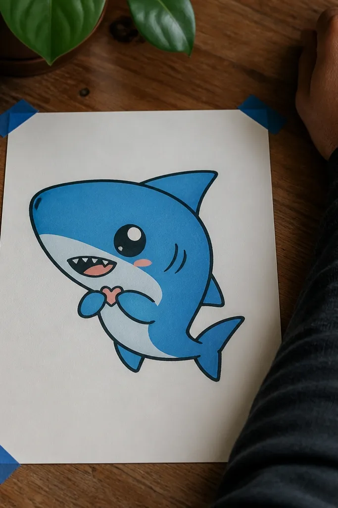 Chibi shark with tiny arms holding a small heart