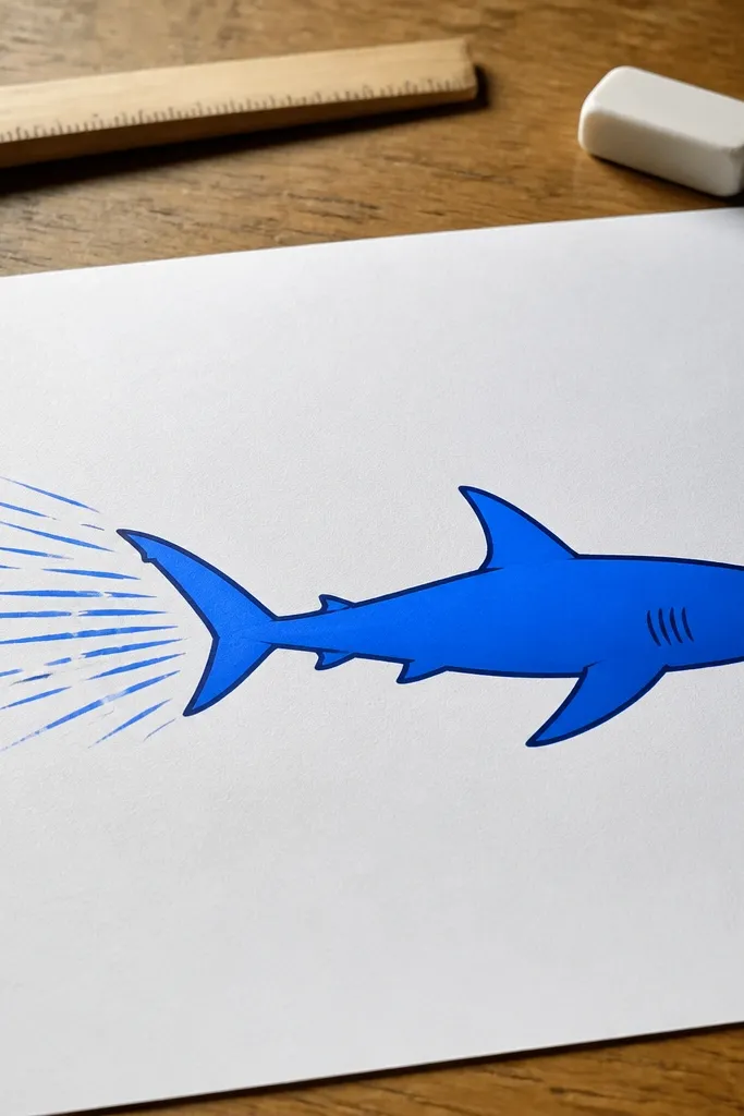 Profile shark with speed lines behind it and a simple dorsal fin