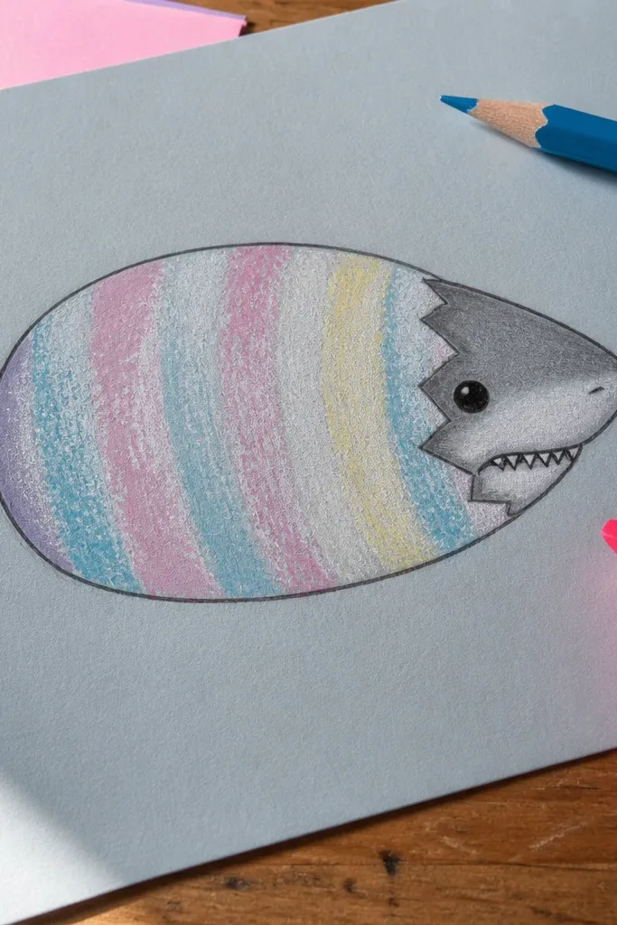 Egg shape with a baby shark head peeking out and tiny teeth