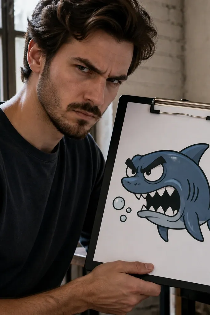Angry cartoon shark with thick eyebrows, open mouth, and a few bubbles