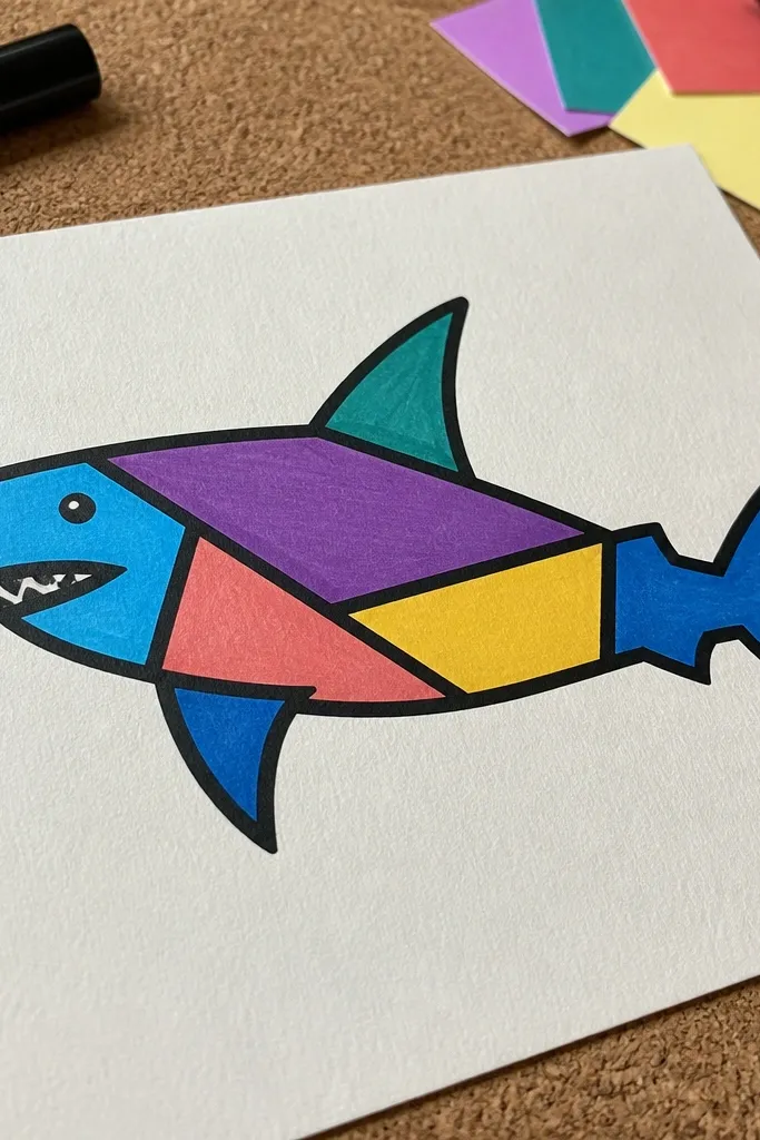 Shark outline filled with stained-glass style panel shapes