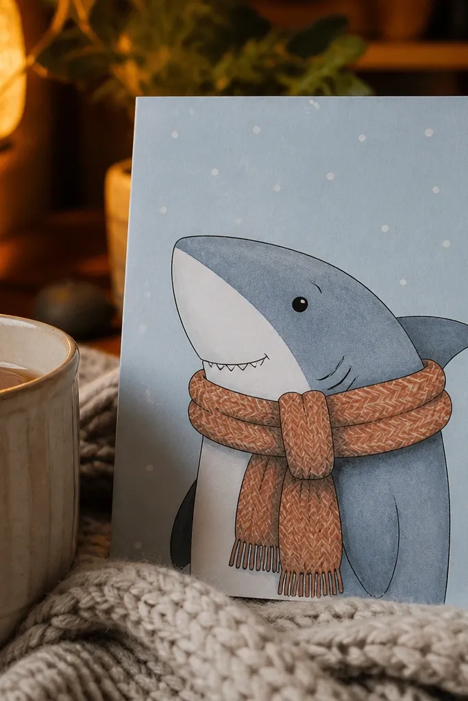 Cartoon shark with a red scarf on a winter card