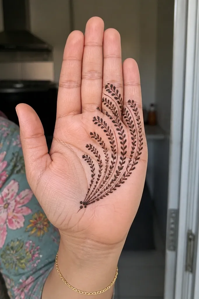Fan-shaped mehndi spread over the front of fingers with small dots