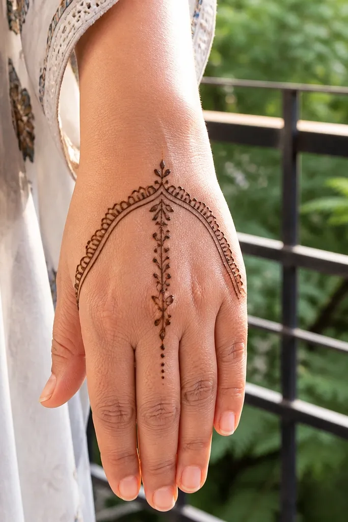 An arch line across the back of the hand with a thin vine down the center